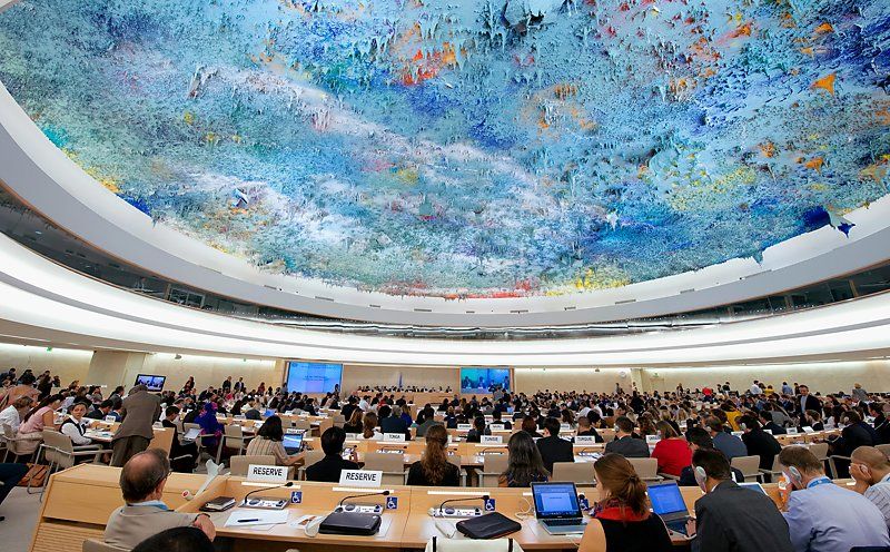 Meeting room of the United Nations Human Rights Council with its unique ceiling painting.