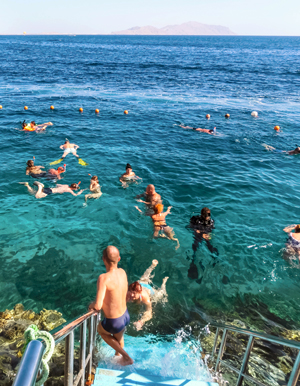 People snorkeling in blue waters above coral reef, Sharm-El-Sheikh, Egypt.