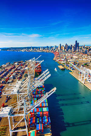 Containers in the Port of Seattle, Washington, USA.
