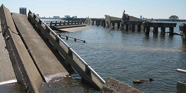 A bridge destroyed by hurricane Katrina in Mississippi, USA.