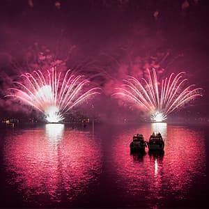 New Year’s Eve fireworks on the Limmat River in Zürich, Switzerland.