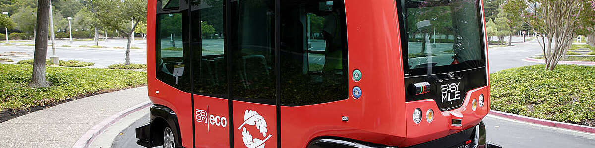 An autonomous shuttle bus is photographed at Bishop Ranch in San Ramon, California.