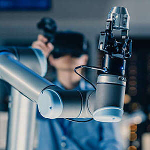 Close-up of a robotic arm being tested by an engineer with virtual reality headset and joystick.